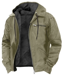 Men's winter cargo trucker jacket with warm fleece lining and hood in army green