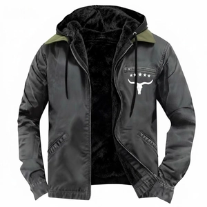 Men's black hooded outdoor jacket with warm fleece lining and minimalist logo