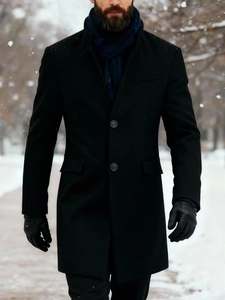Herren Wollmantel Slim Fit mittellange dicke Winterjacke mit Stehkragen und Schal