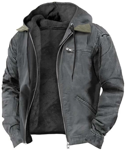 Men's dark gray fleece-lined trucker jacket with a hooded collar for outdoor warmth