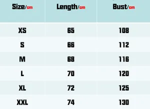 Detailed size chart for men's hooded down jacket with length and bust measurements