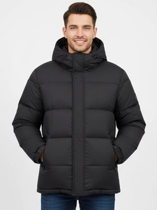 Close-up of black hooded down jacket with thick horizontal quilting and warm material