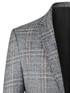 Close-up of premium grey and blue plaid blazer collar with fine woven fabric texture