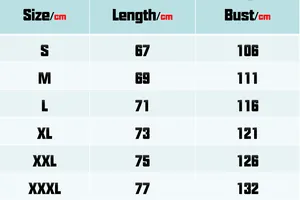 Size chart for men's winter jacket showing length and bust measurements in centimeters