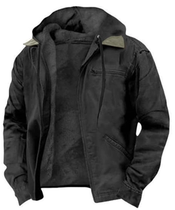 Men's winter thick fleece-lined cargo jacket in black with olive green shoulder patches
