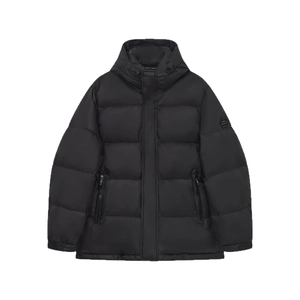 Men's black hooded down jacket with quilted design and windproof material for outdoors