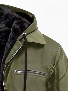 Detail of army green hooded jacket with warm black faux fur lining and drawstring
