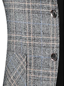 Detail of grey plaid blazer showing textured fabric and dark buttons in light business style