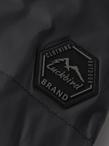 Men's black hooded outdoor down jacket featuring a premium hexagonal rubber sleeve patch