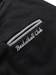 Black hooded knit baseball jacket with Basketball Club embroidery and grey piped pockets