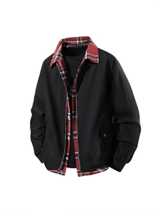 Men Casual Fake Two-Piece Jacket Plaid Collar Patchwork Zipper Windproof Polyester Outerwear Top Fashion Streetwear Coat