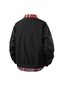 Men's black flight jacket with red plaid collar and hem details, back view presentation