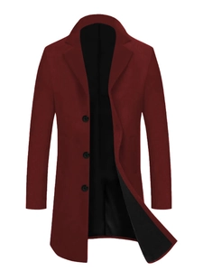 Men's burgundy single-breasted wool blend mid-length coat with classic lapels