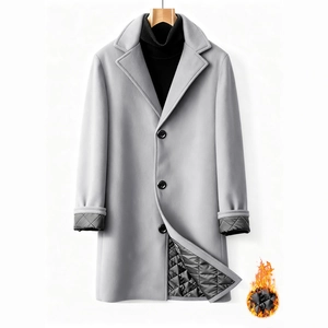 Men's grey single-breasted wool overcoat with quilted lining and notched lapel