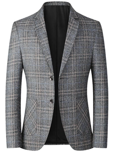 Men's grey business blazer with blue and orange plaid pattern in a casual slim fit