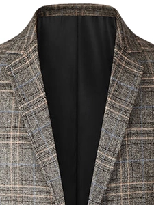 Men's casual blazer with classic brown-grey plaid pattern and smooth inner lining