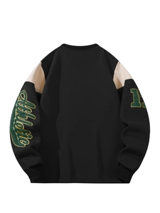 Black color block sweatshirt with raglan sleeves and athletic embroidery for men