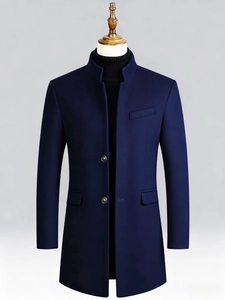 Manteau en laine bleu marine pour hommes avec col montant et style business élégant