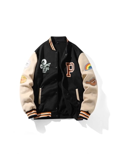 Men Varsity Jacket American Retro Contrast Sleeve Polyester Embroidery Ribbed Trim Outdoor Casual Sporty Baseball Coat Men
