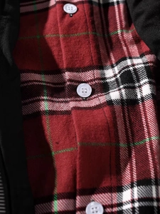 Men's casual red plaid jacket with detailed fabric texture and white button accents