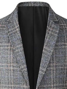 Men's business casual grey plaid blazer with subtle blue and orange line accents