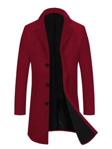 Mens mid-length wool coat in deep burgundy with notch lapel and three-button closure