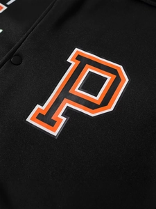 Mens American retro varsity jacket in black featuring a large orange letter P embroidery