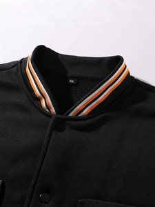Men's American style black varsity jacket with orange striped rib collar and matte buttons