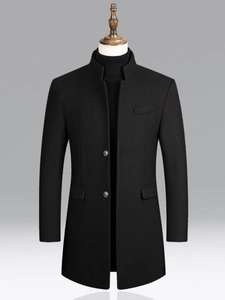 Manteau en laine pour homme avec col montant élégant et fermeture à deux boutons en noir