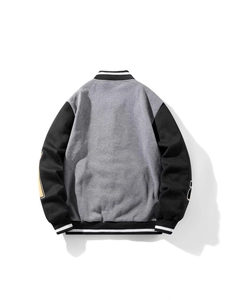 Classic American varsity jacket in grey and black featuring embroidered sleeve details