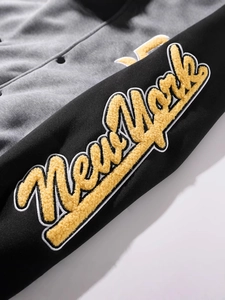 American style contrast varsity jacket with yellow New York chenille embroidery on sleeve