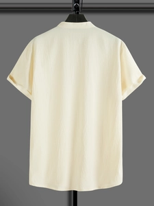Men's retro textured short sleeve Henley shirt in off-white with vertical ridges
