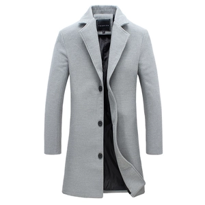 Classic men's single-breasted light grey wool blend mid-length trench coat with lapels