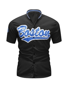 Camisa de Béisbol para Hombre Manga Corta Poliéster Estampado Boston Cuello a Rayas Botones Top Deportivo Casual Estilo Retro