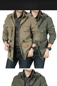 Close-up of multi-pocket outdoor jacket featuring durable fabric and high collar details