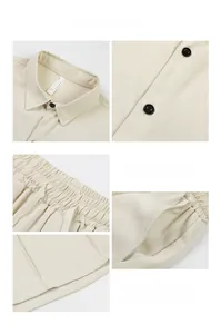 Détails de la chemise à manches courtes crème et du short à cordon en tissu sergé