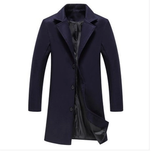 Classic navy blue long wool blend overcoat for men with single breasted three buttons