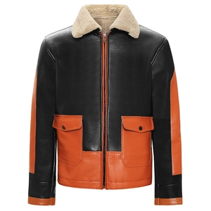 Men's black and orange faux leather jacket with a beige faux shearling collar
