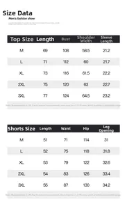 Tableau des tailles détaillé pour ensemble chemise manches courtes et short d'été pour hommes