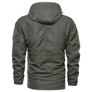 Army green men's hooded outdoor windbreaker jacket with tactical style and windproof fabric