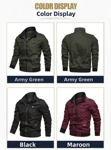 Detail view showing military style jacket color options in green, black and wine red
