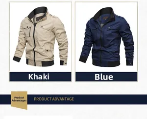 Detailed comparison of khaki and blue men's cotton twill jackets with zipper pockets