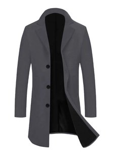 Classic dark grey wool blend mid-length coat with lapel collar and three-button front