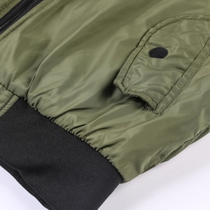 Army green bomber jacket with black metal snap pockets and ribbed knit cuffs detail