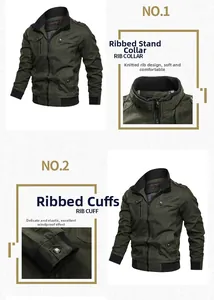 Detail view of army green military jacket showing ribbed collar and windproof cuffs texture