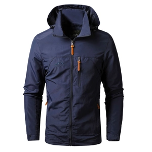 Men's lightweight windproof hooded outdoor jacket in navy blue with orange zipper details