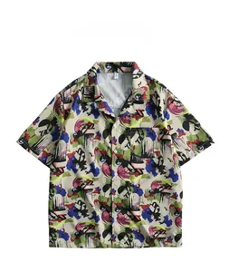 Detail view of abstract colorful graffiti print and chest pocket on a summer shirt