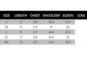 Tableau des tailles détaillé pour t-shirt de sport imprimé allant de la taille S à XXL