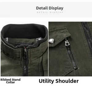 Detail of ribbed stand-up collar and tactical shoulder pockets on military green jacket