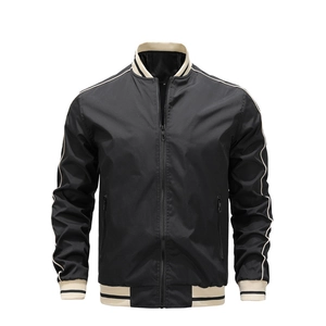 Men's black baseball bomber jacket with white sleeve stripes and ribbed cuffs